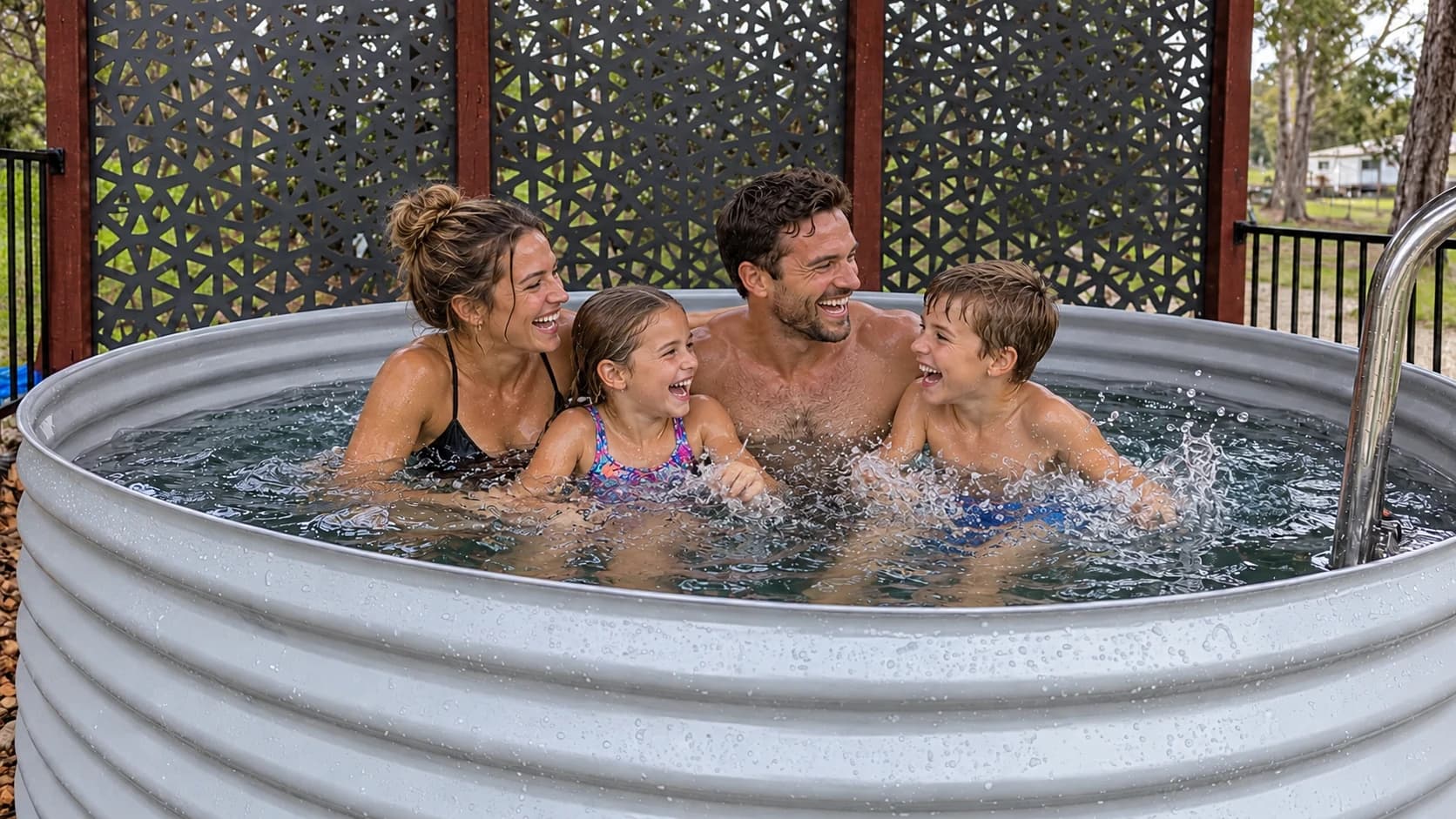 Two parents and two children enjoying a swim in a light grey corrugated steel pool with the approved rolled sheet-metal edge