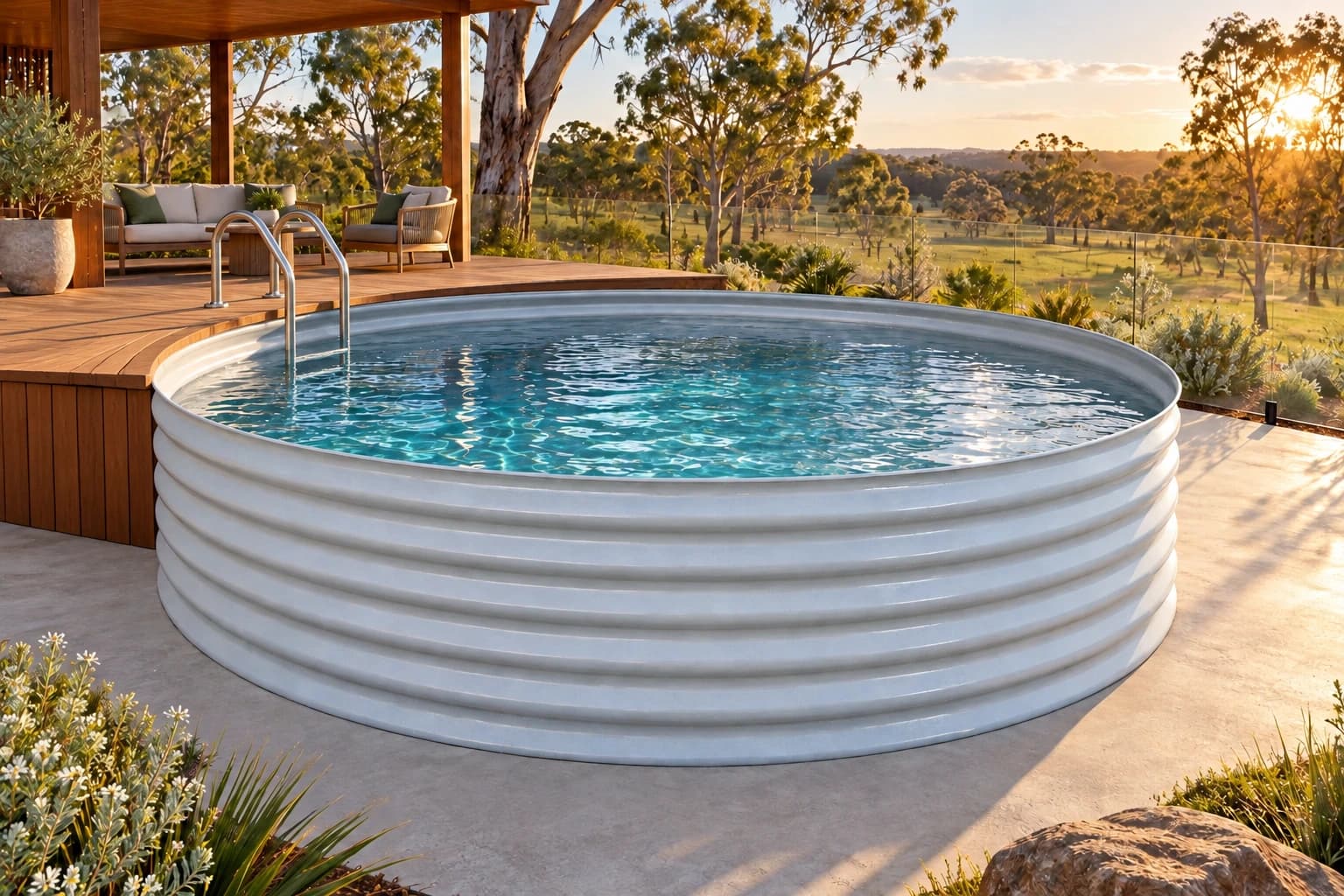 Large above-ground steel pool with the reference rolled sheet-metal edge beside a rural timber pavilion